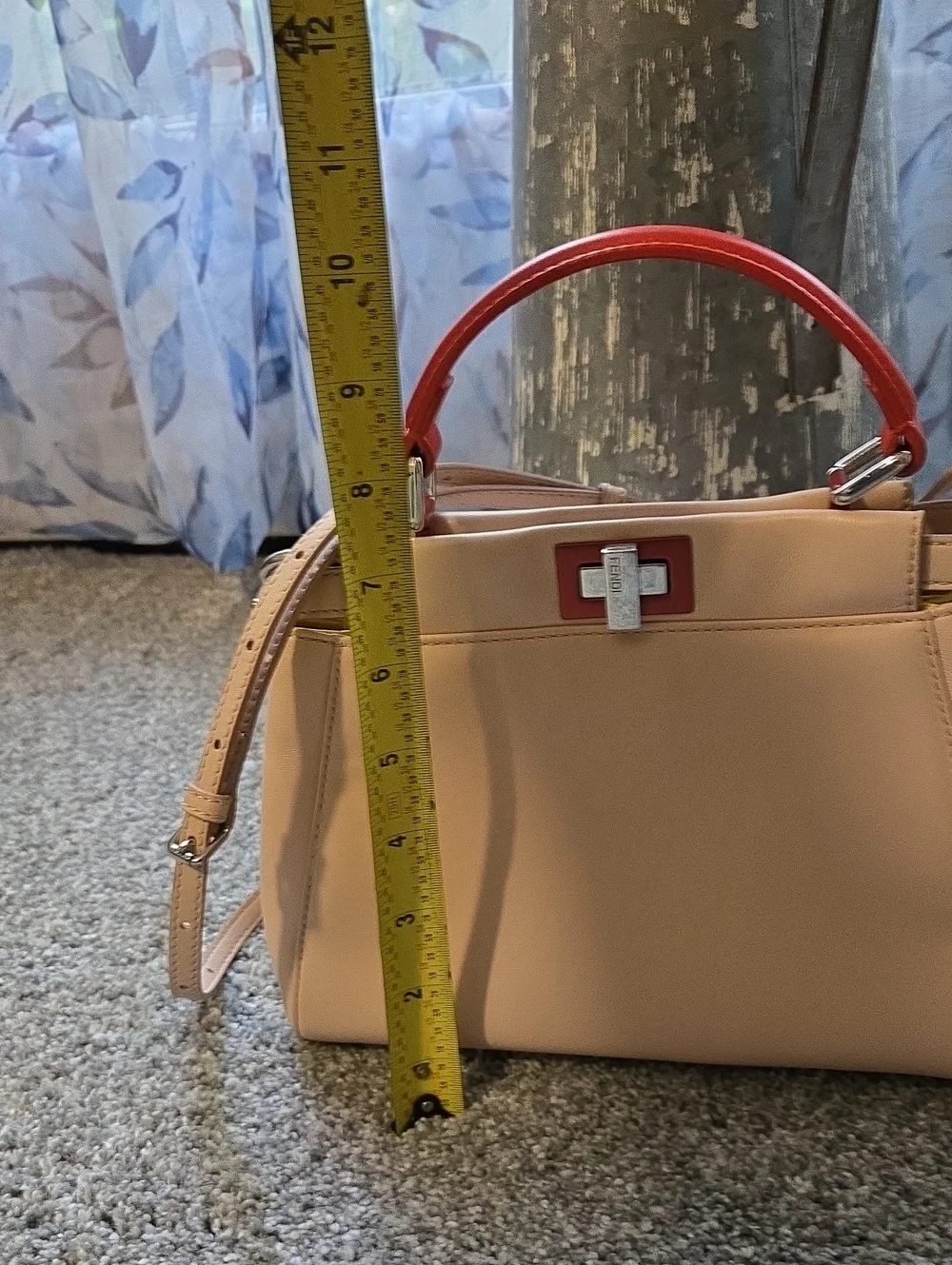 Fendi Peekaboo Cream/blush Leather Satchel with Red Handle and Silver Hardware